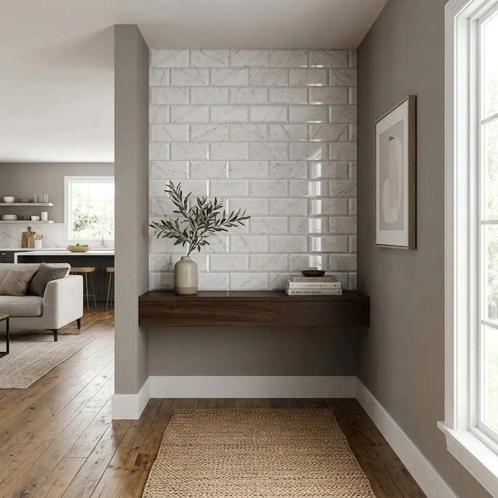 White marble-effect subway tile wall in carrara white marble 3x6 deep-beveled polished-honed finish
