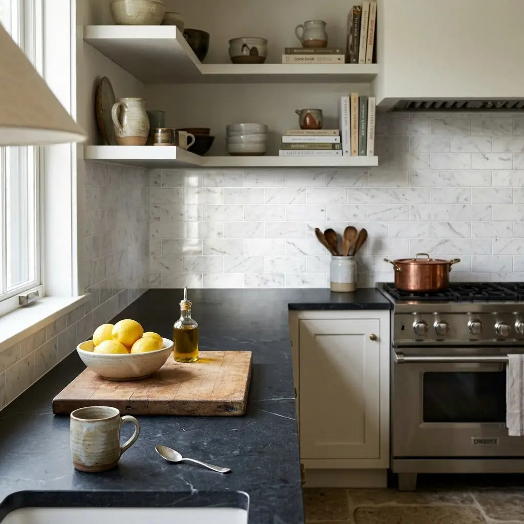 A copper pot with a handle on a stove against carrara white marble 3x6 polished or honed tile background