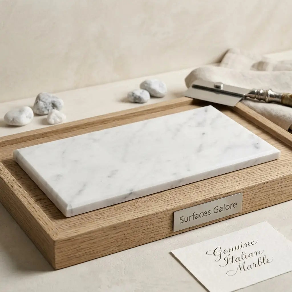 White rectangular carrara marble cutting board with subtle gray veining in a light oak wooden tray
