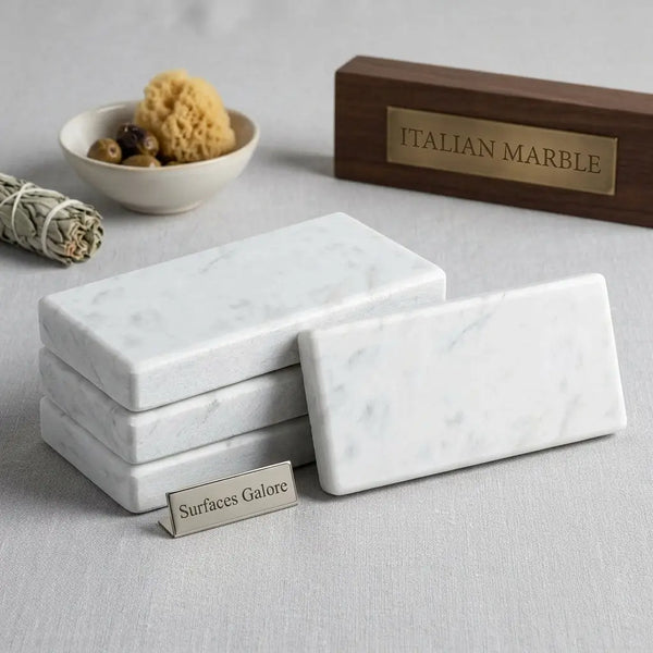 White rectangular italian marble coasters with subtle gray veining from carrara white marble 3x6 tumbled collection