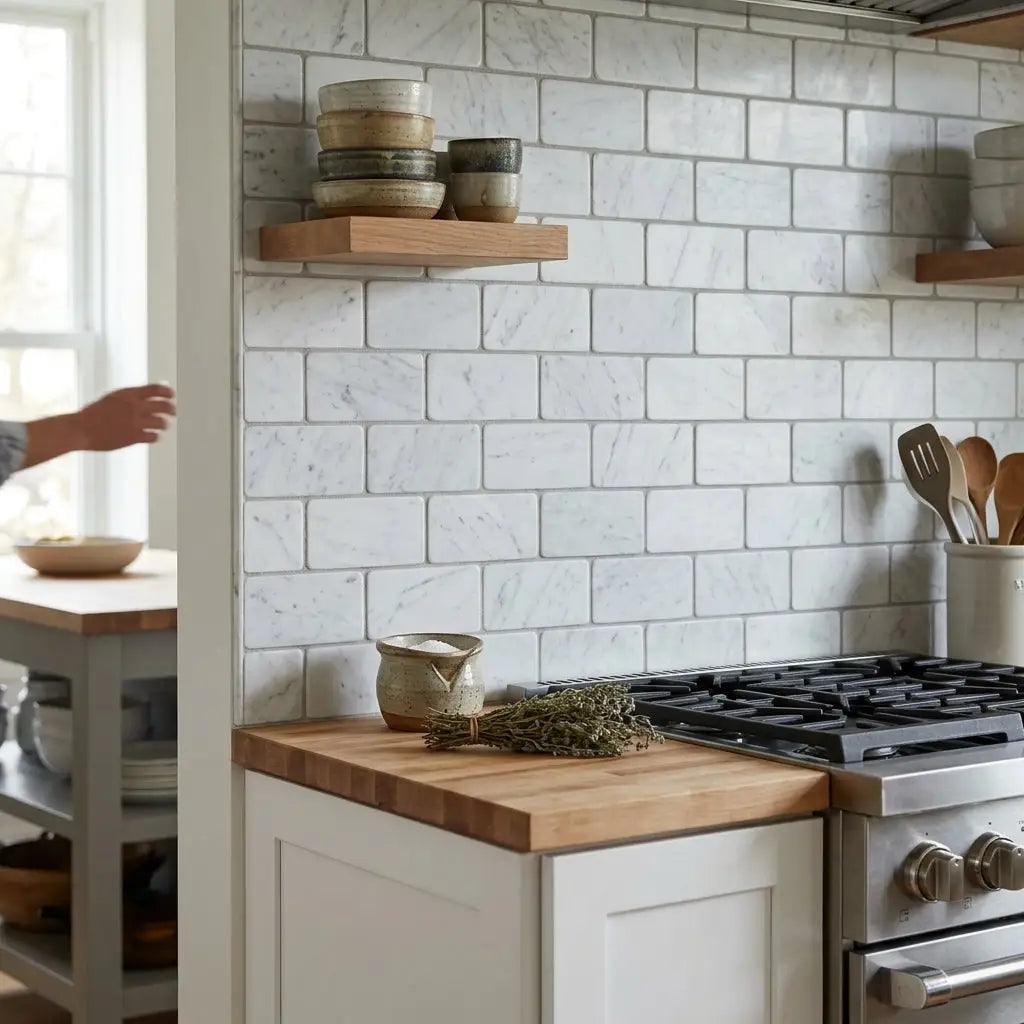 Carrara white marble 3x6 tumbled subway tile backsplash with subtle gray veining in white marble material