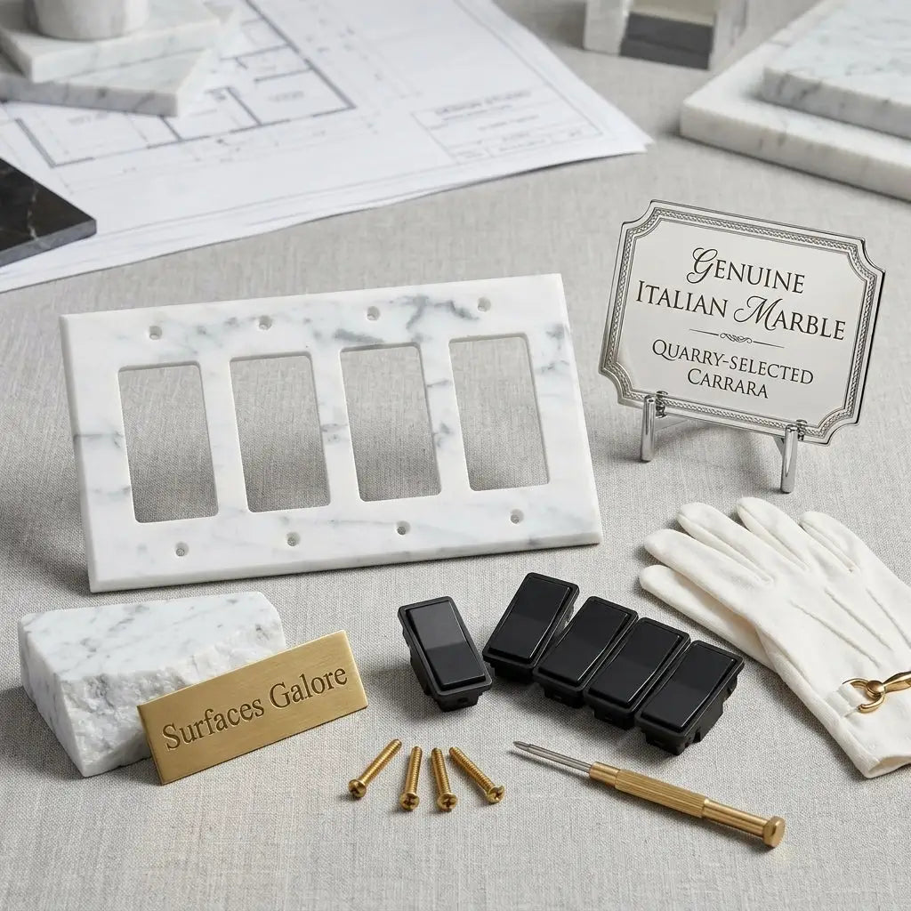 Carrara white marble 4 gang rocker switch wall plate with black toggle switches and gold screws