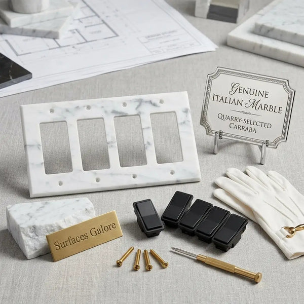 Carrara white marble 4 gang rocker switch wall plate with black toggle switches and gold screws