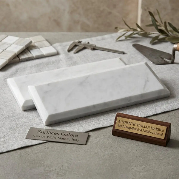 Polished white carrara marble 4x12 tiles with subtle gray veining in a deep-beveled rectangular format
