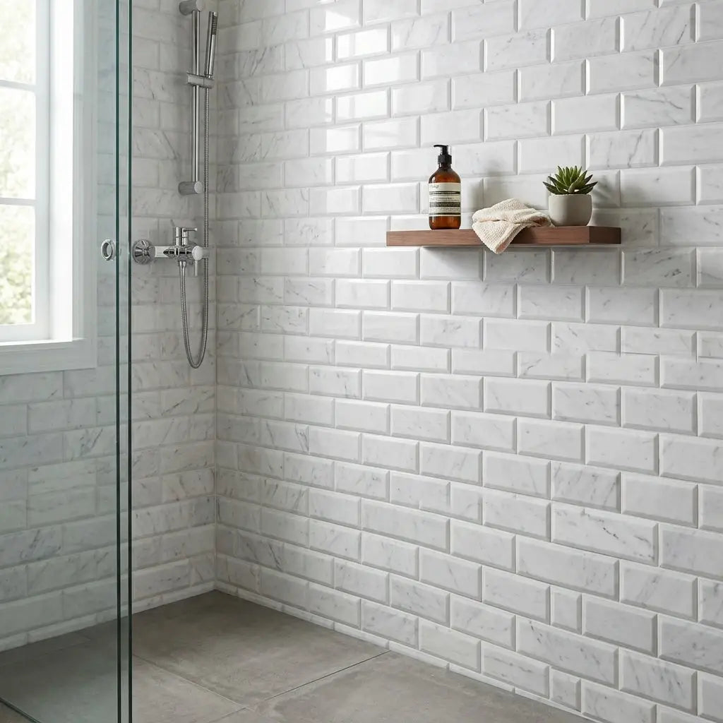 A sleek minimalist wooden shelf with a natural finish paired with carrara white marble 4x12 deep-beveled polished-honed tiles