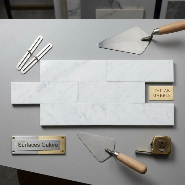 Carrara white marble 4x12 polished or honed tiles in white italian marble with subtle gray veining in staggered pattern