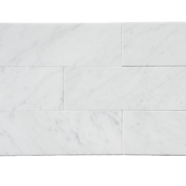 Carrara White Marble 4X12 Polished or Honed Subway Tile displayed on a surface