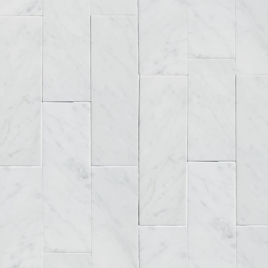 Carrara White Marble 4X12 Polished or Honed with elegant white tile pattern