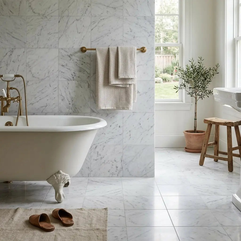Beige waffle-weave towels hanging on a gold rack with carrara white marble 4x4 polished or honed tiles in background