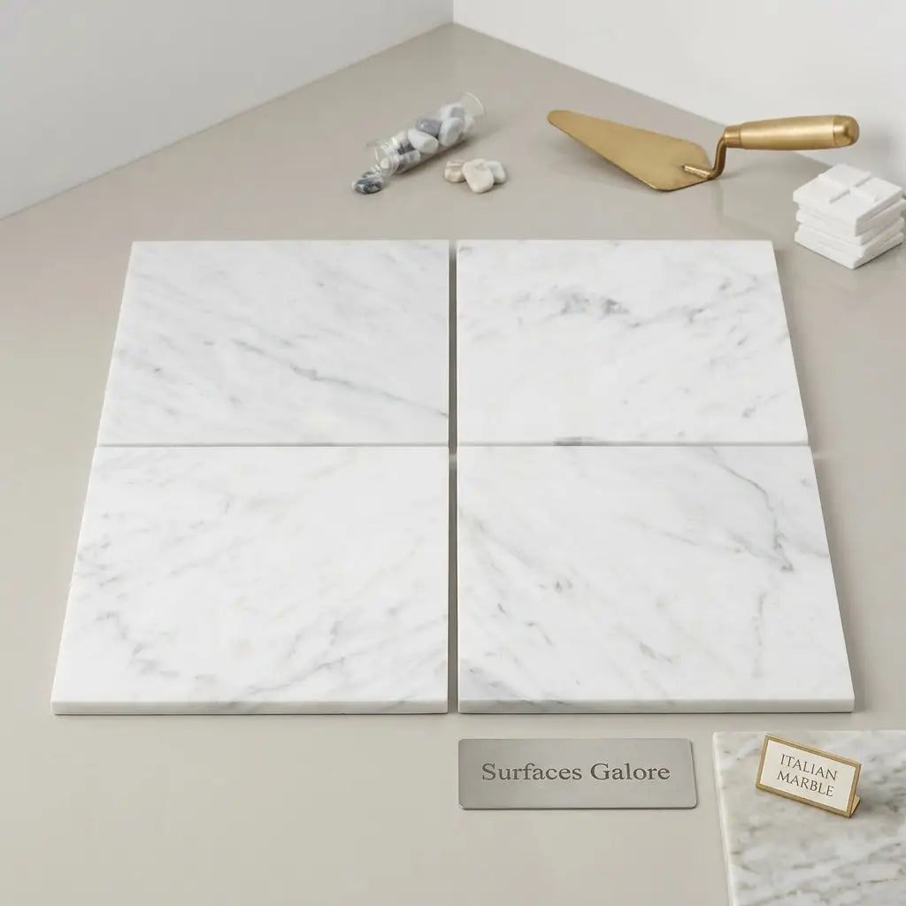 Four square carrara white marble 4x4 polished or honed tiles with subtle gray veining arranged in a grid