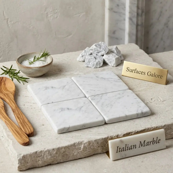 Carrara white marble 4x4 tumbled coasters in white marble with subtle gray veining arranged in a square pattern