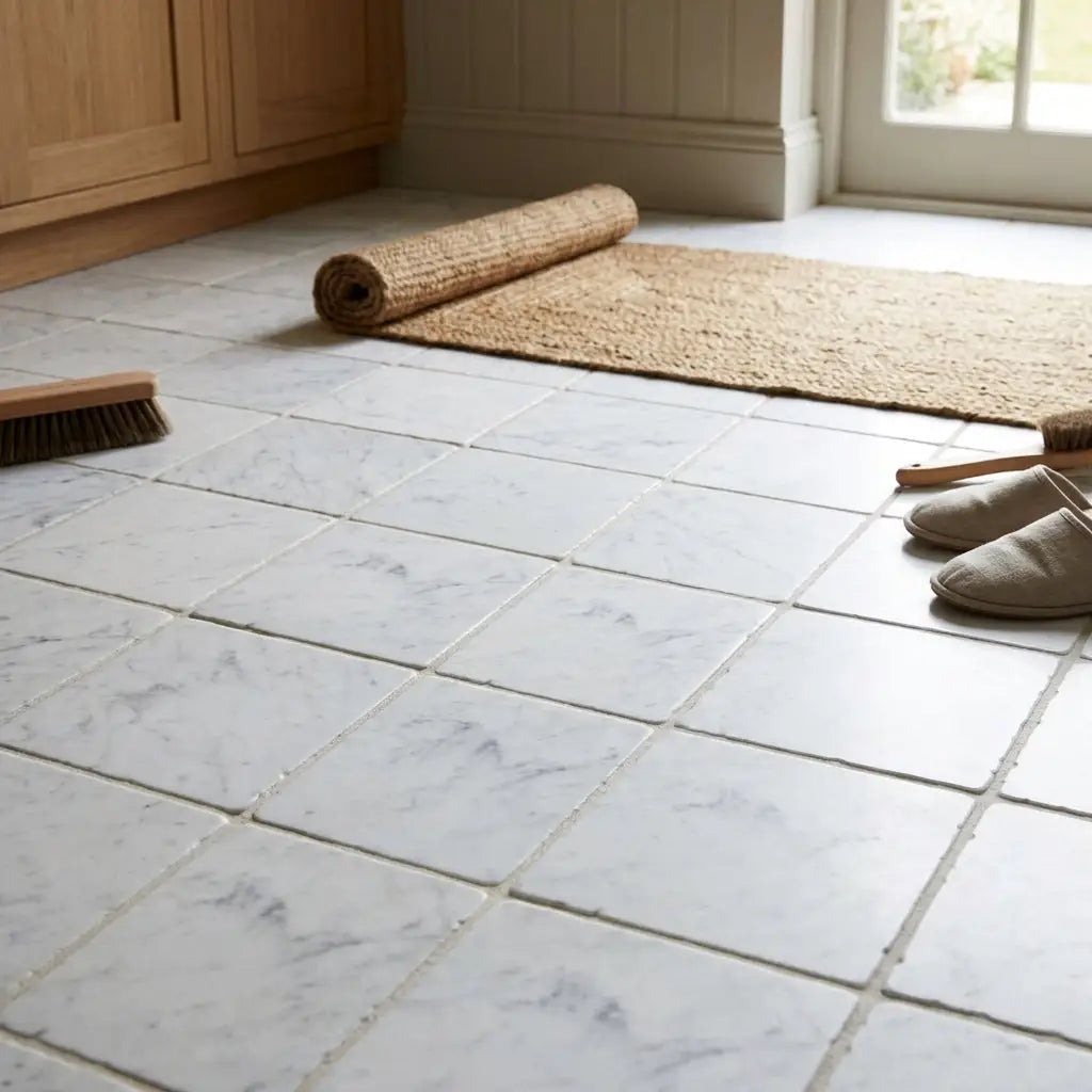 Carrara white marble 4x4 tumbled floor tiles with a white marble effect and subtle gray veining