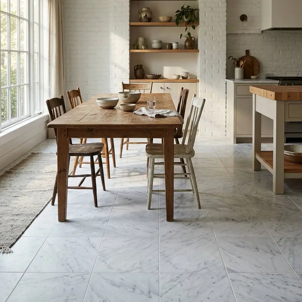 Rustic wooden dining table with natural finish and visible grain surrounded by matching chairs with carrara white marble tiles