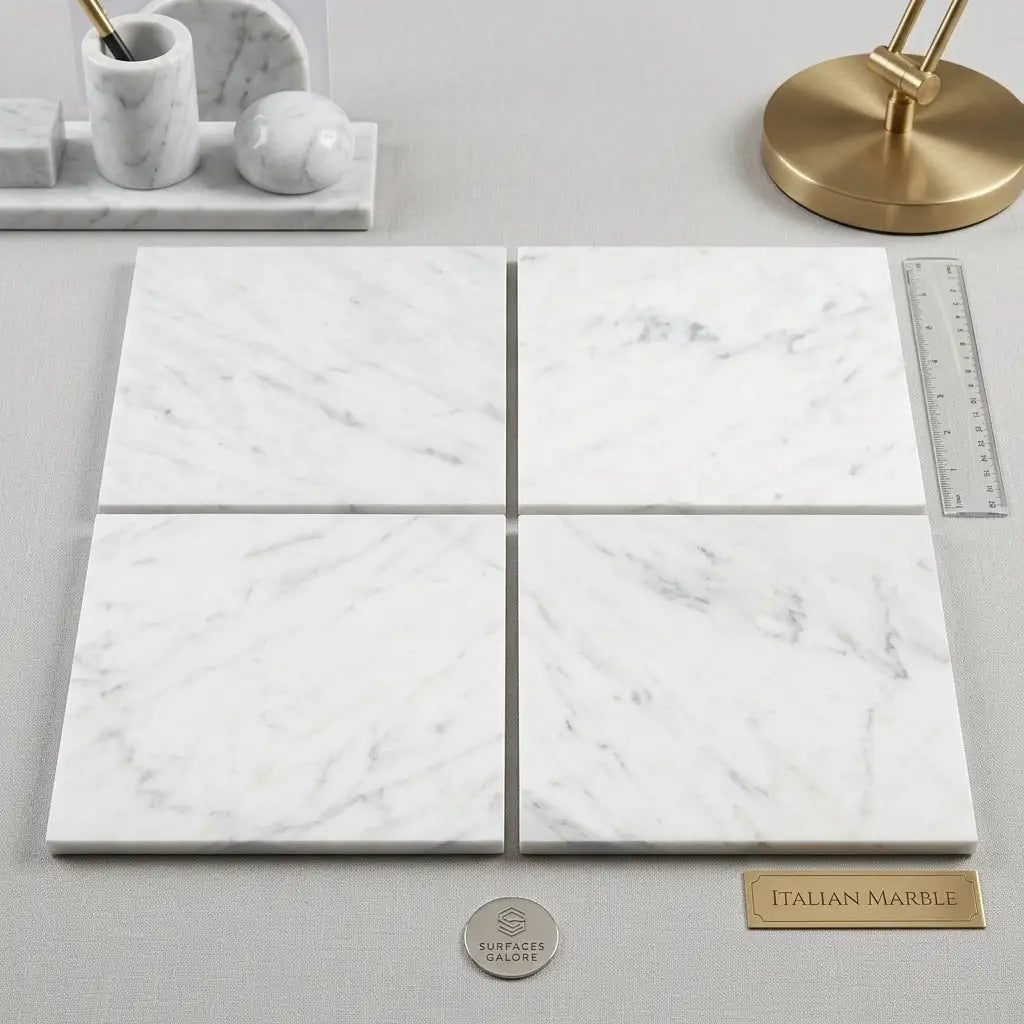 Four polished or honed 6x6 white Carrara marble tiles with subtle gray veining arranged in a grid pattern