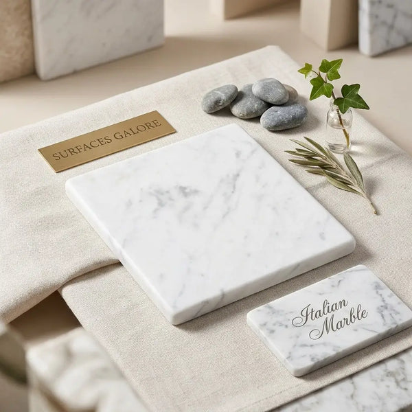 Carrara white marble 6x6 tumbled cutting board in white marble with subtle gray veining