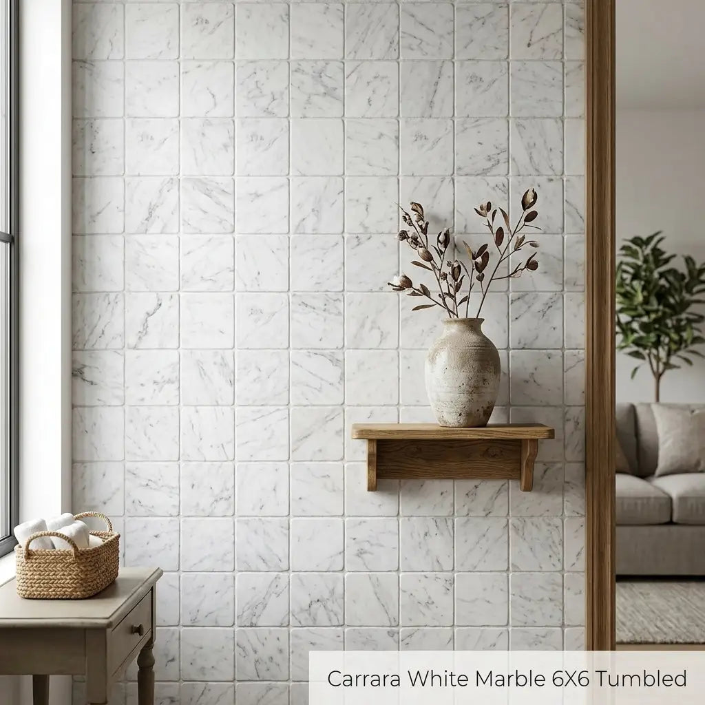 A textured off-white ceramic vase with subtle gray veining on a wooden shelf showcasing Carrara white marble 6x6 tumbled tile