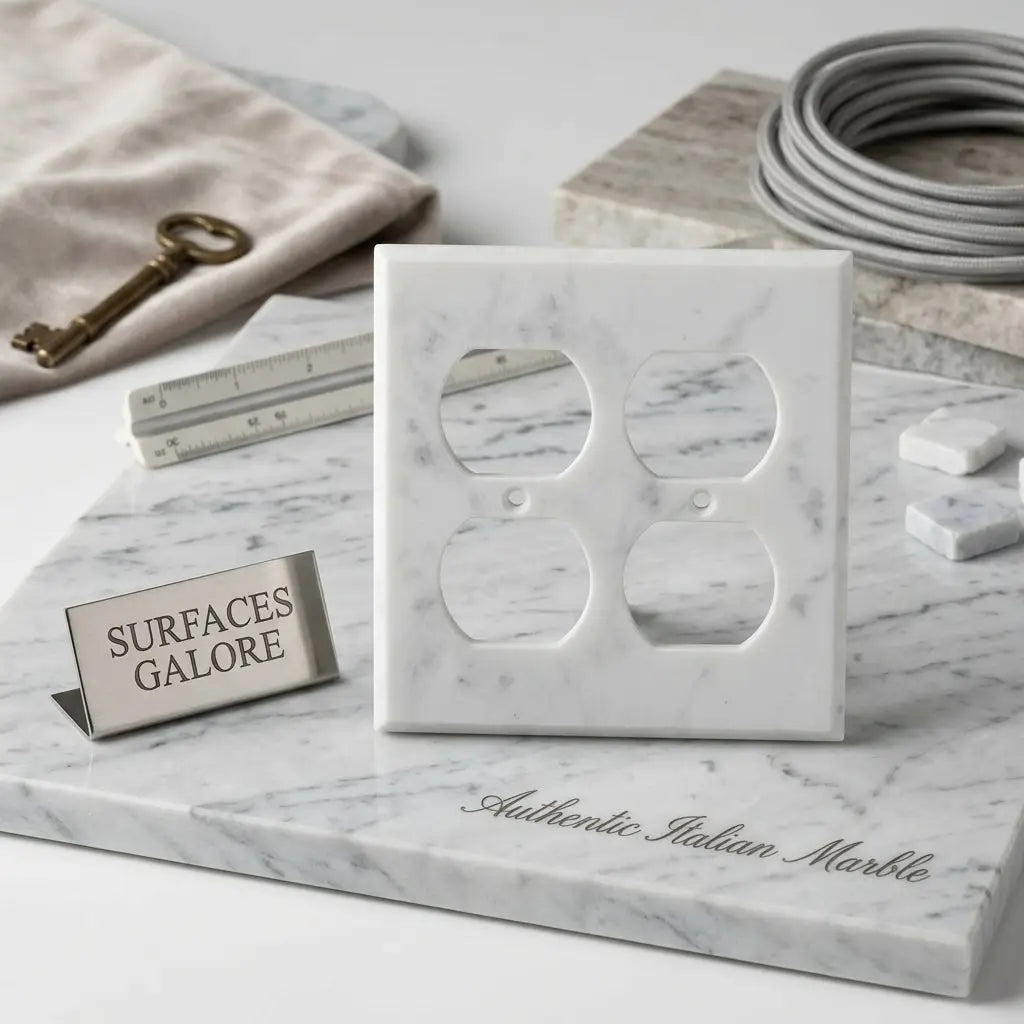 Carrara white marble double duplex switch wall plate with subtle gray veining in marble electrical outlet cover design
