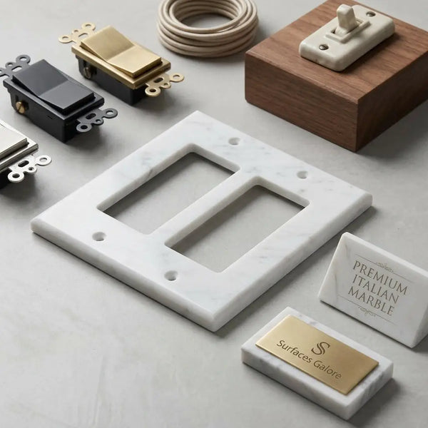 Carrara white marble double rocker switch wall plate with subtle veining and gold-colored metal accents