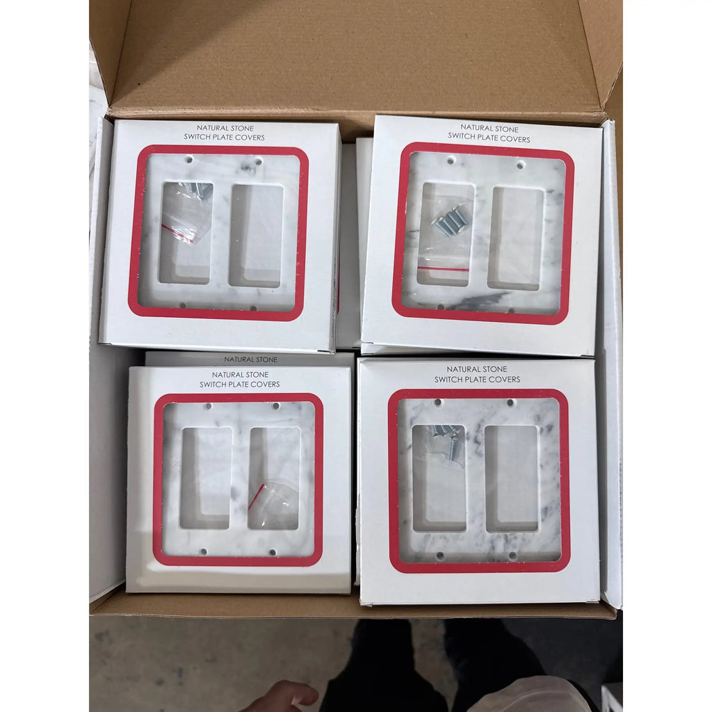 Natural Carrara White Marble double rocker switch wall plate covers in packaging