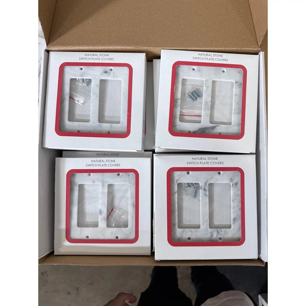 Natural Carrara White Marble double rocker switch wall plate covers in packaging