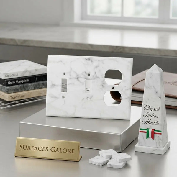 Carrara white marble double toggle duplex switch wall plate with classic black and white veining pattern