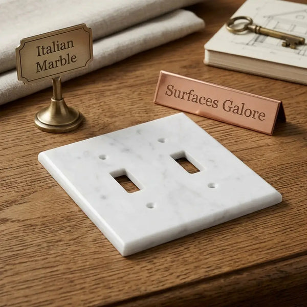 Carrara white marble double toggle switch plate with subtle gray veining for wall installation
