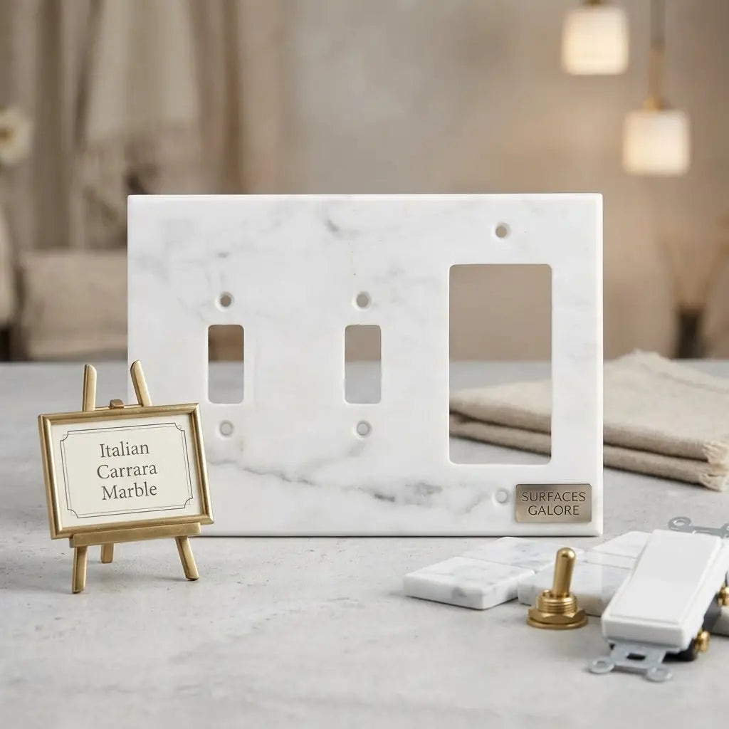 Carrara white marble double toggle rocker switch wall plate with polished finish and subtle gray veining