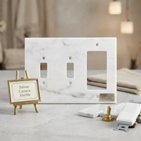Carrara white marble double toggle rocker switch wall plate with polished finish and subtle gray veining