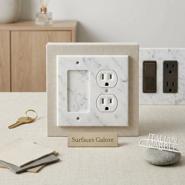 Carrara White Marble rocker duplex switch wall plate with white marble outlet cover and beige fabric border