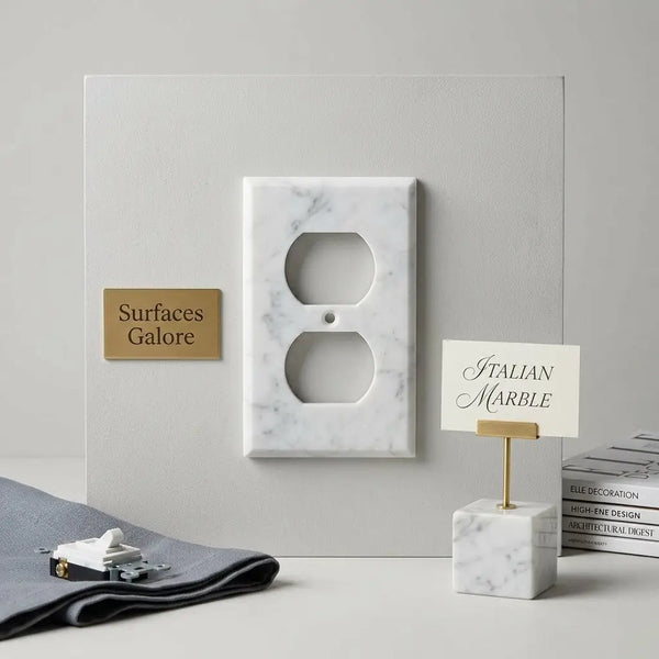 Carrara white marble single duplex wall plate with subtle gray veining for electrical outlet cover