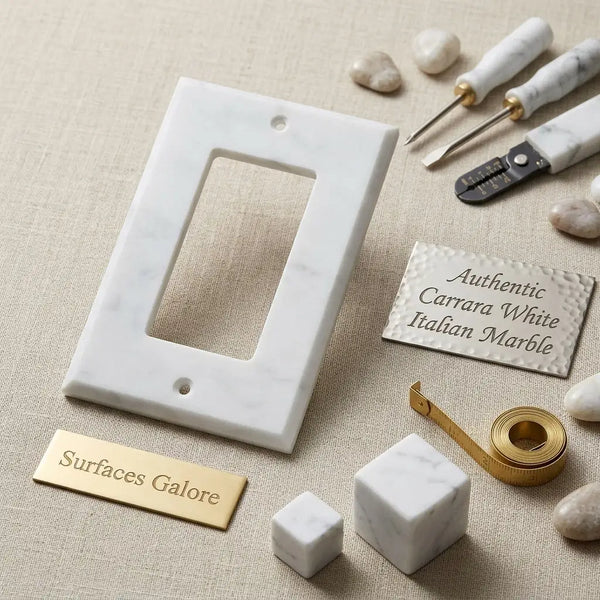 Carrara white marble single rocker switch wall plate with subtle veining and smooth polished finish
