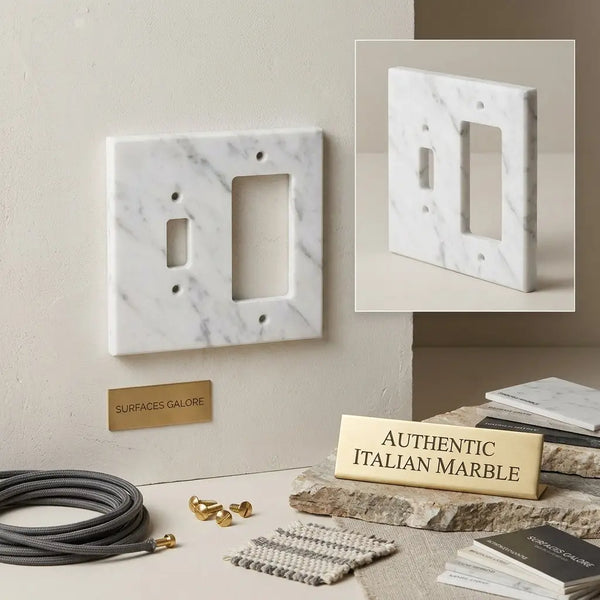 Carrara white marble toggle rocker switch wall plate with elegant gray veining and polished finish