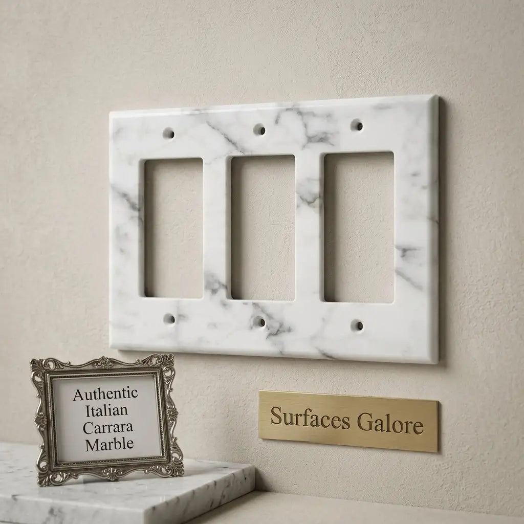 Carrara white marble triple rocker switch plate with elegant gray veining and three rectangular cutouts