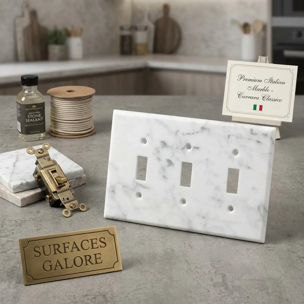 Carrara white marble triple toggle switch plate with elegant gray veining for wall installation