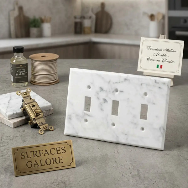 Carrara white marble triple toggle switch plate with elegant gray veining for wall installation