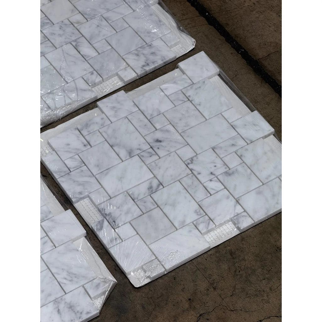 Carrara White Mini-Versailles Pattern Mosaic Marble Tile Sheets for elegant flooring