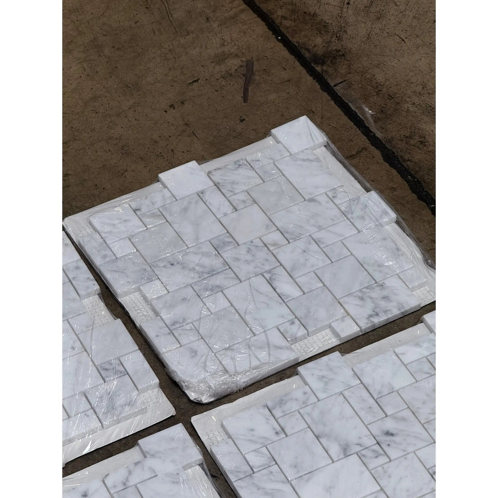 Wrapped Carrara White Mini-Versailles Pattern Marble Tile Sheets with polished and honed finishes