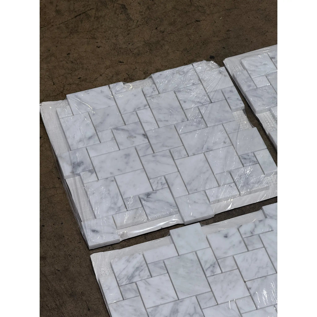 White Marble Mosaic Tile Sheets in Carrara White Mini-Versailles Pattern