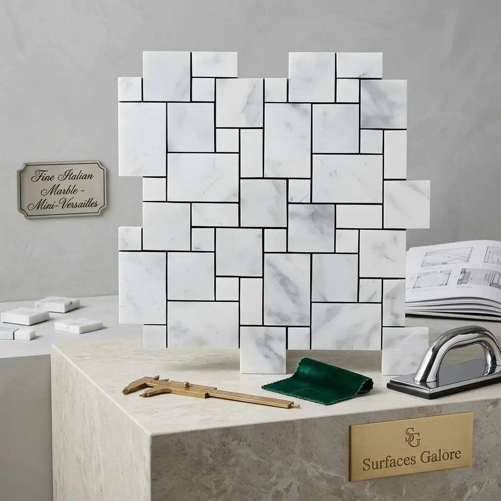 Carrara white mini-versailles pattern mosaic marble tile with polished or honed finish and classic veined pattern