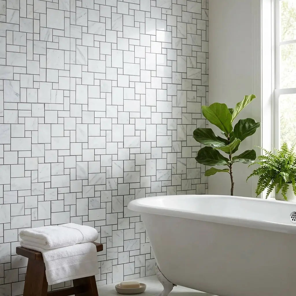 White marble-veined subway tile wall with herringbone pattern in polished carrara white mini versailles mosaic marble tile