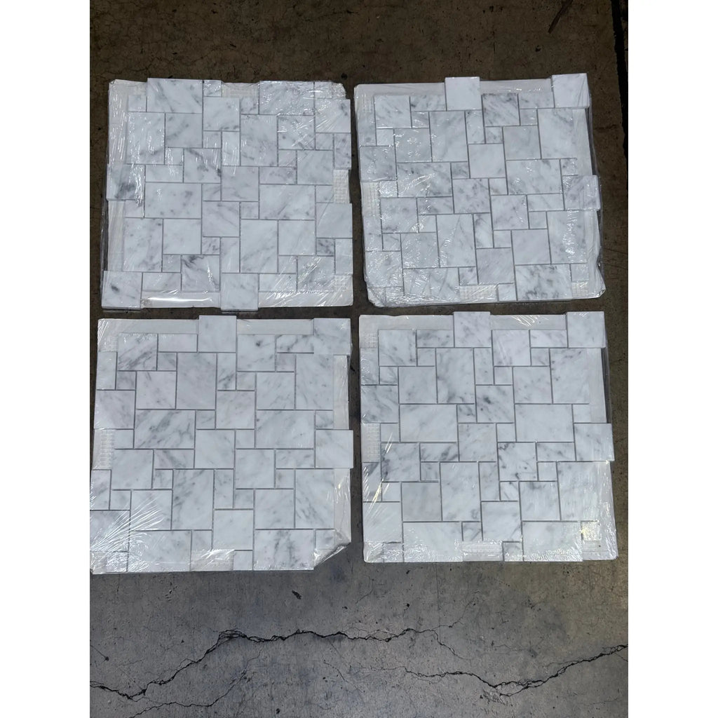 Four Carrara White marble tile sheets in polished or honed mini-Versailles pattern