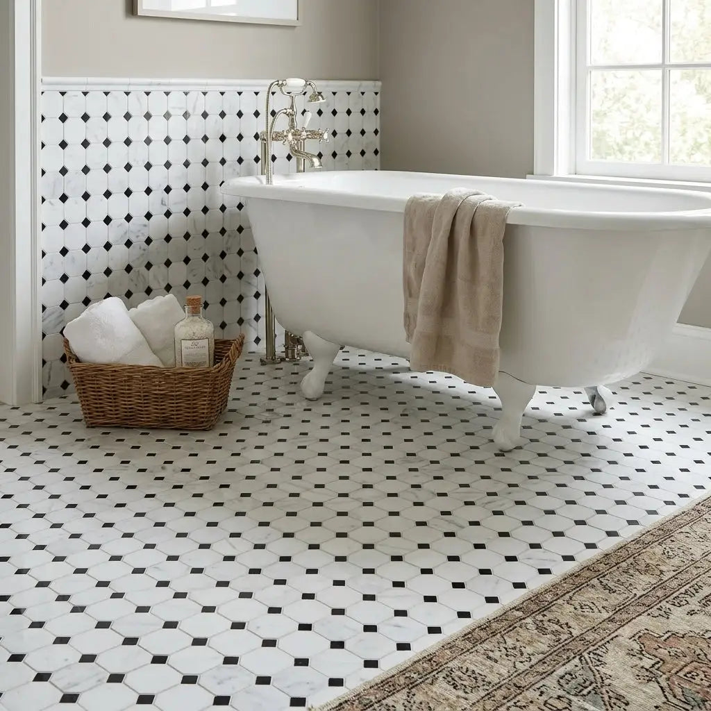 White clawfoot bathtub with chrome fixtures and beige towel alongside carrara white octagon black mosaic marble tile