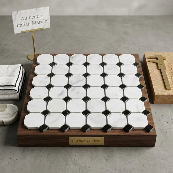 Carrara white octagon with black mosaic marble tile panel in polished or honed finish on dark wood display base