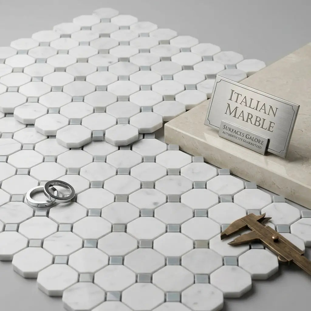 White hexagonal Italian Carrara marble mosaic tile with subtle blue-gray veining polished or honed finish