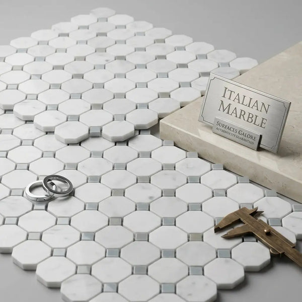 White hexagonal Italian Carrara marble mosaic tile with subtle blue-gray veining polished or honed finish
