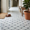 Carrara white octave polished marble tile with hexagonal pattern and dark gray blue-gray accent squares color