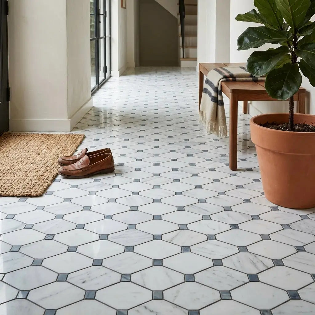 Carrara white octave polished marble tile with hexagonal pattern and dark gray blue-gray accent squares color