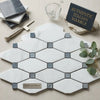 Carrara White octave polished marble tile features white and gray hexagonal mosaic with blue-gray square accents