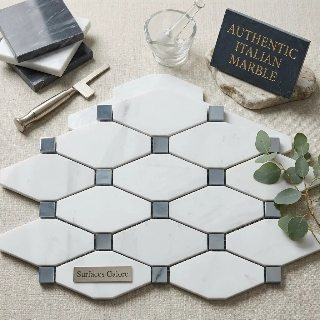 Carrara White octave polished marble tile features white and gray hexagonal mosaic with blue-gray square accents