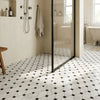 Carrara White Octave mosaic marble tile polished with white marble effect hexagonal shapes and black diamond accents